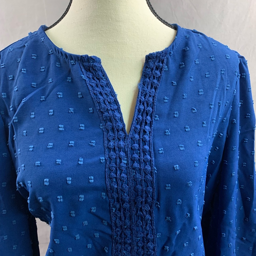 Swiss Dot Guipure Lace Insert Lantern Sleeve Blouse Blue - Picture 7 of 7